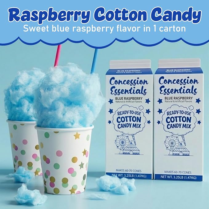 Perfectware -Concession Essentials Blue Raspberry Cotton Candy Mix – Ready-to-Use Floss Sugar for Cotton Candy Machines – Makes 60–70 Cones – 3.25 lb Carton – Carnival Style Cotton Candy Sugar