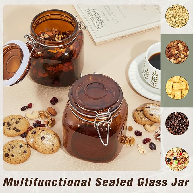 Norme 6 Pack 34oz Amber Airtight Glass Jars with Lids, Square Food Storage Container Airtight Food Wire Clip Fastening for Sauerkraut Flour Kitchen Sugar Cereal Kitchen Canning Pickling Mason Jars