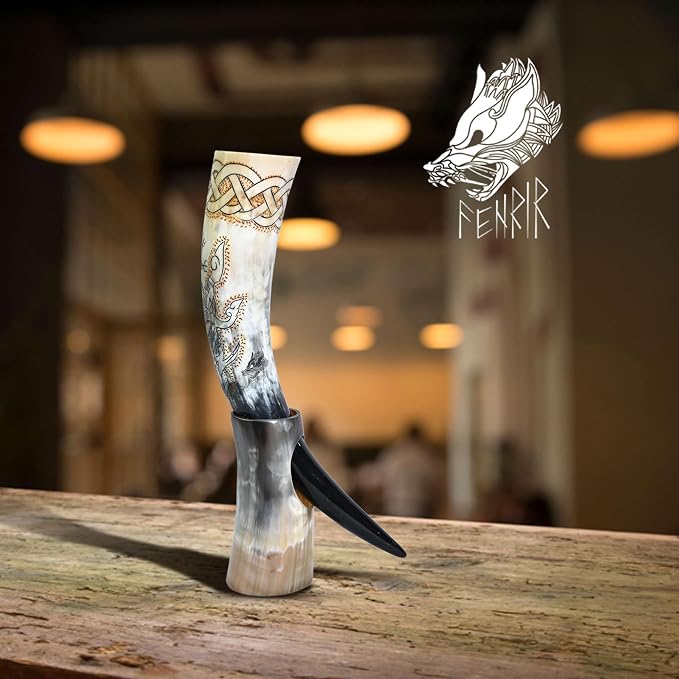 FENRIR Viking Drinking Horn With Stand & Thor Bottle Opener | Norse Medieval Authentic Ox Horn for Ale, Mead, Whiskey | Unique Gifts for Men & Women | 16-20 oz Odin & Vegvisir