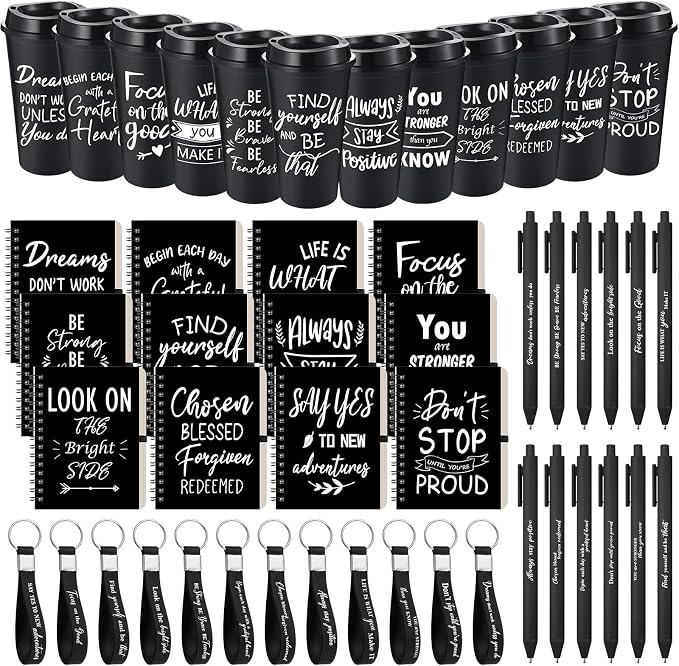 Skylety 12 Sets/48 Pcs Employee Appreciation Gift Baskets Bulk 16oz Inspirational Coffee Cup with Spiral Notebook, Pen & Keychain, Thank You Gifts for Staff, Teacher,Coworker, Team (Black)