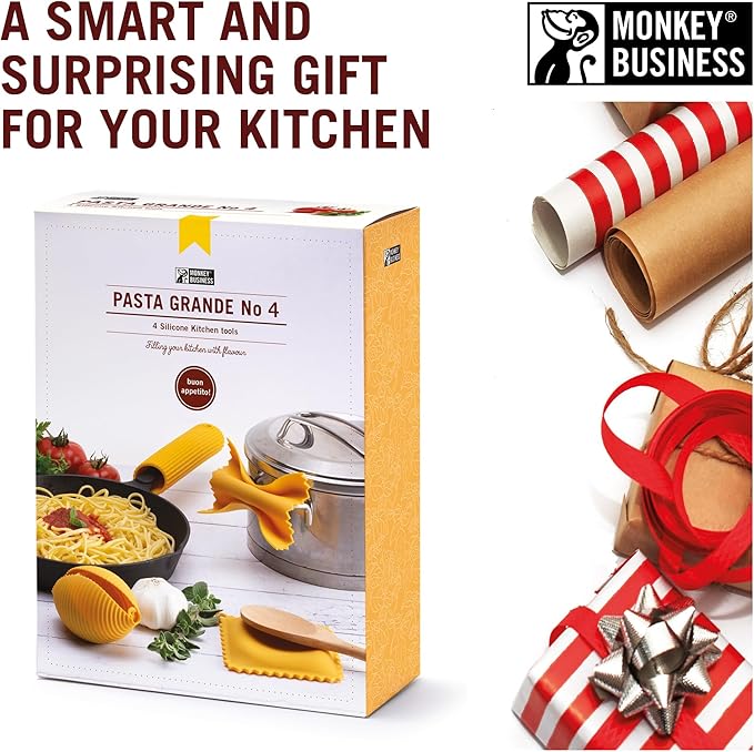 Monkey Business Silicone Kitchen Tools in Gift Box/ 4 Big Pasta shaped kitchen gadgets/Farfalloni Pot Grips, Ravioli Spoon Rest, Conchiglie Lemon Squeezer and Penne Pan Grip/Pasta Grande No. 4