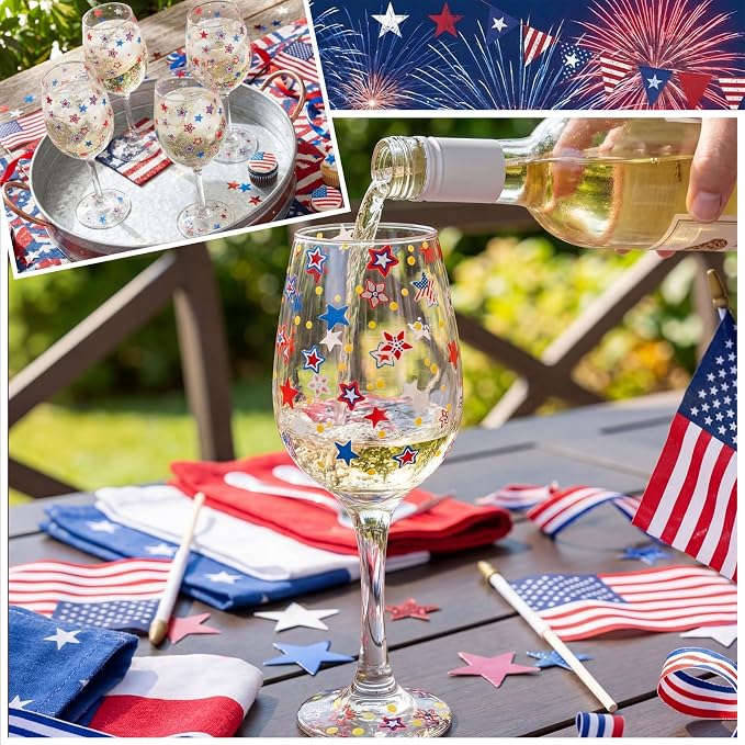 SiliFine 4 Pcs 4th of July Party Stemmed Wine Glasses Hand Painted USA Star Drinking Cup Wine Glasses Gifts for Independence Day Patriotic Theme Holiday Supplies