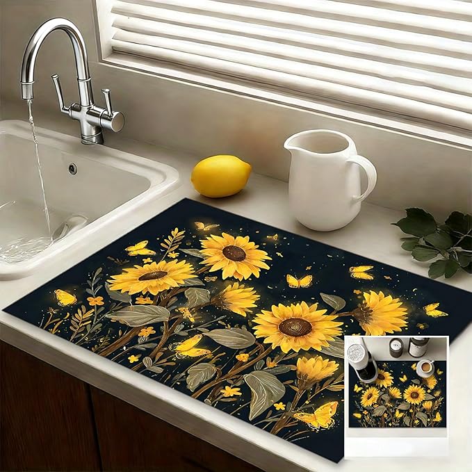 Decorative Sunflower Stove Cover Mat for Electric and Glass Stovetops, Heat-Resistant Countertop Protector with Floral and Butterfly Waterproof Anti-Slip Kitchen Surface(28×20 Inches) (Sunflower)