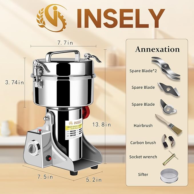 1000g Grain Mill Grinder High Speed Food Grain Mill Stainless Steel Seeds Flour Wheat Nut Spices Corn Pill Herbs & Seasonings Dry Grinder Electric Machine Grinder for Kitchen