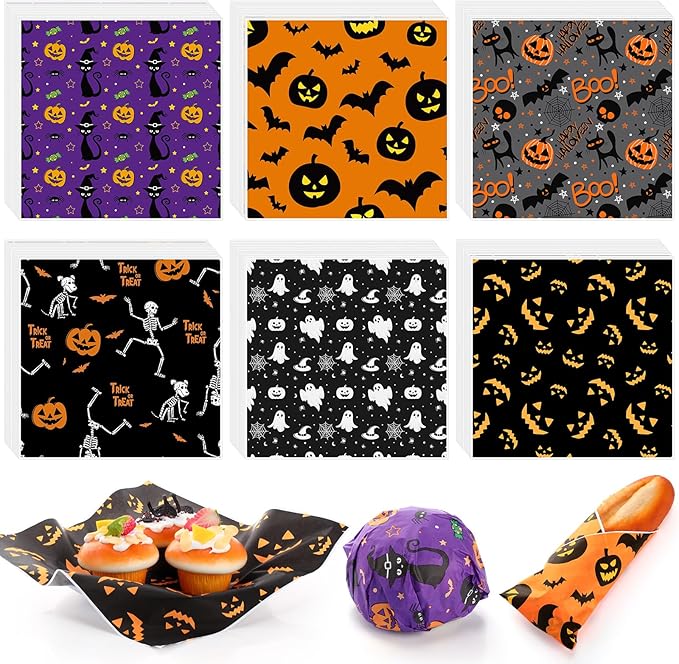 Reallnaive 600 Pcs Halloween Theme Wax Paper Sheets 12 x 12 Inch Parchment Deli Tissue Paper Sandwich Wrapping Sheets Food Basket Liners for Kitchen Restaurant Baking Supplies, 6 Styles
