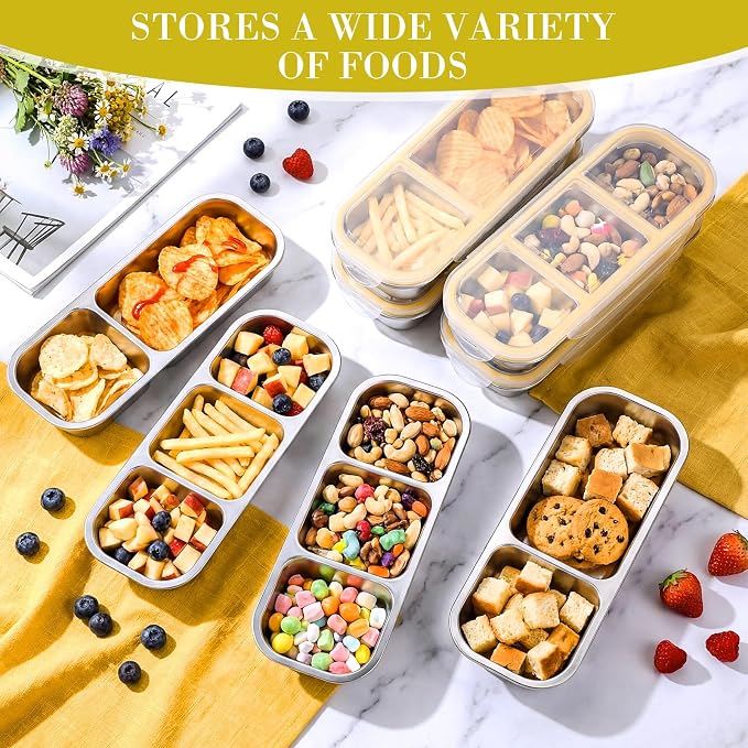 8 Pack Stainless Steel Snack Containers with Leak Proof Lids, 2/3 Compartments Metal Bento Lunch Box, Reusable Divided Food Storage Container for Adults Home Travel Work (Yellow)