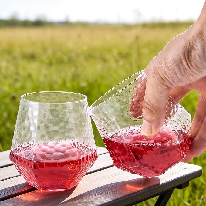 Goodluck 40 PCS Diamond Stemless Plastic Wine Glasses, 12 Oz Disposable Fancy Plastic Cups, Suitable for Weddings, Birthday Parties, Family Gatherings, Bars, etc （Hammered Clear cups）