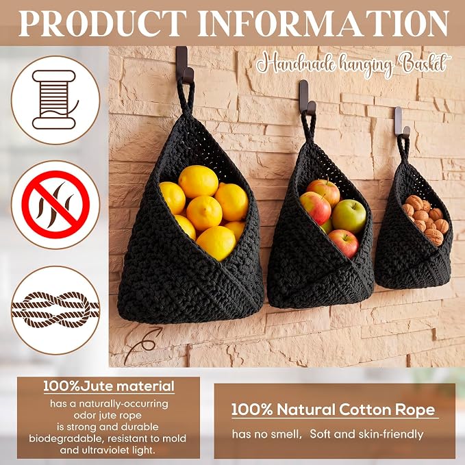 Honeydak Boho Decor Hanging Wall Baskets for Kitchen 3 Pack Teardrop Baskets with Hooks Storage Fruit Onion Vegetable Potato for Home 3 Sizes(Black,Triangle,Cotton Rope)