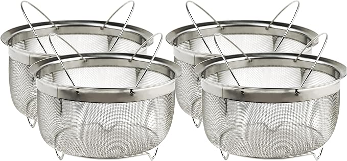 RSVP International Mesh Colander Strainer Basket with Folding Handles, 3 Quarts | For Pasta, Frying, & Salads | Dishwasher Safe | Use in Pressure Cookers | Steaming, Draining & Rinsing (Pack of 4)