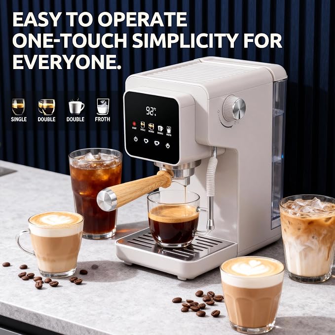 Touchscreen Espresso Machine with Steam Wand, 40.6oz Water Tank | Milk Frother for Cappuccino, Latte, Compact Design, Quick Thermoblock Heating System, 40.6oz Removable Water Tank