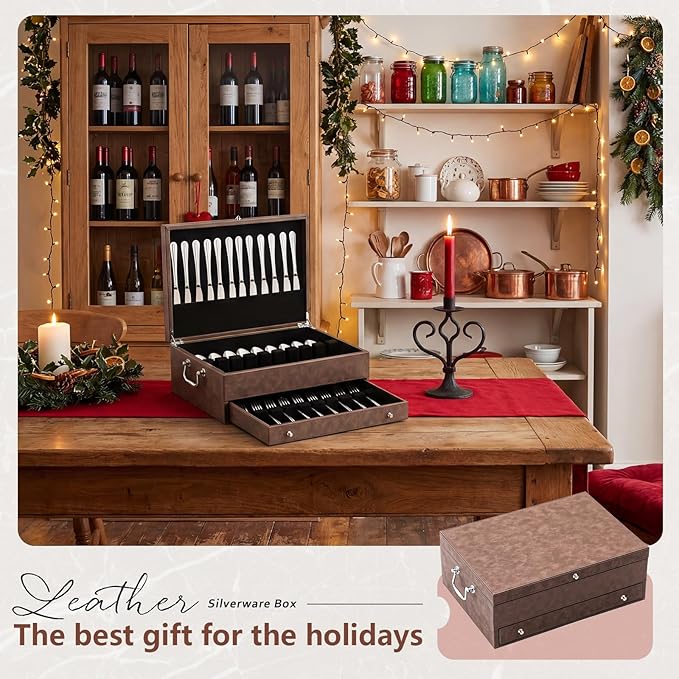 DoubleFill 2 Layer Leather Silverware Storage Box with Lid and Handles, Anti Tarnish Silverware Storage Chest Case with Felt-lined for 12-16 or More Sets of Utensils Flatware Gifts, 15.3x11.2x5.7 Inch