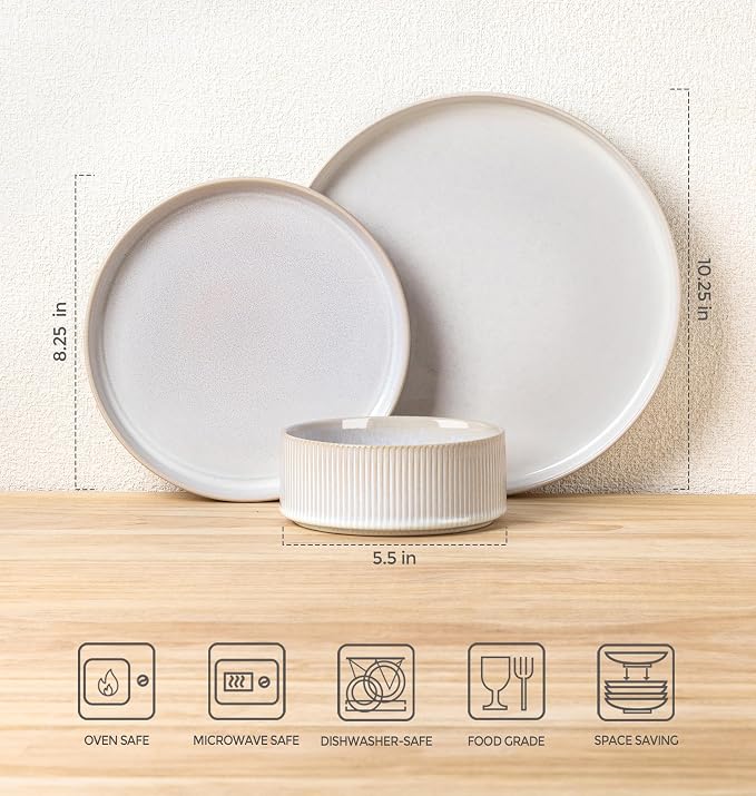 TheTerra Ceramic Dinnerware Sets for 6, 18 Pieces Porcelain Lightweight Plates and Bowls Sets, Scratch Resistant Dish Set, Oven & Microwave & Dishwasher Safe, Reactive White