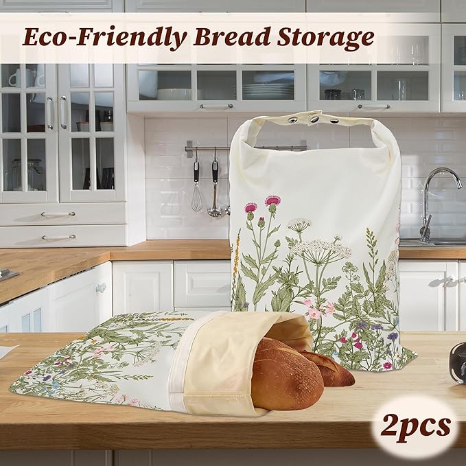 Bread Bags for Homemade Bread- Herbs Wild Flowers 2 Pack Linen and Beeswax Sourdough Storage Bags, Reusable Keeper, Keeps Breads Fresh Longer, Gifts for Bakers