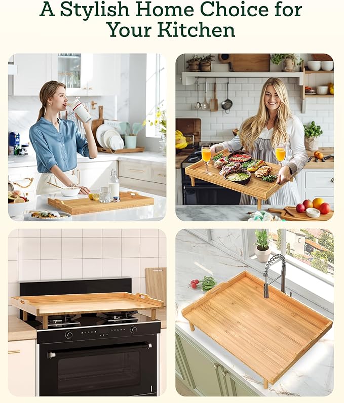 Bamboo Stove Top Cover for Electric Stove & Gas Burners - 29" x 22" Extra Large Noodle Board Stove Cover with Adjustable Legs & Handles - Multi-Use Stove Cover Cutting Board, Sink Cover, RV Accessory