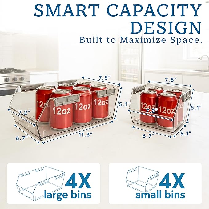 HOMESTEAD Set of 8 Stackable Storage Bins, 4 Large + 4 Small Clear Plastic Organizer Bins, Open Front Design for Kitchen Pantry, Fridge, Cabinet, Bathroom Organization and Bulk Snack Storage