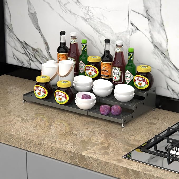 Jojocross Metal Spice Rack Organizer for Cabinet, 3 Tier Expandable Spice Storage shelf, Great for Kitchen Cabinets, Cupboard,Pantry and Countertop More,Metal plate with hole(2PACKS/GUN-GREY)