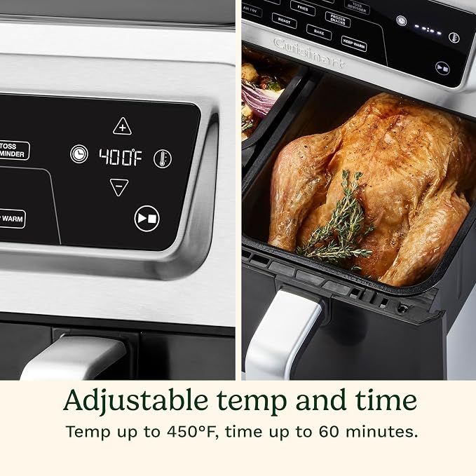 Cuisinart Dual Basket Air Fryer, 2-4.25 QT Baskets, Total 8.5 QT, 4 Functions Air Fry, Roast, Bake and Keep Warm, Features Sync Finish and Sync Settings, Toss Reminder, Auto Warm Mode and Auto-Pause