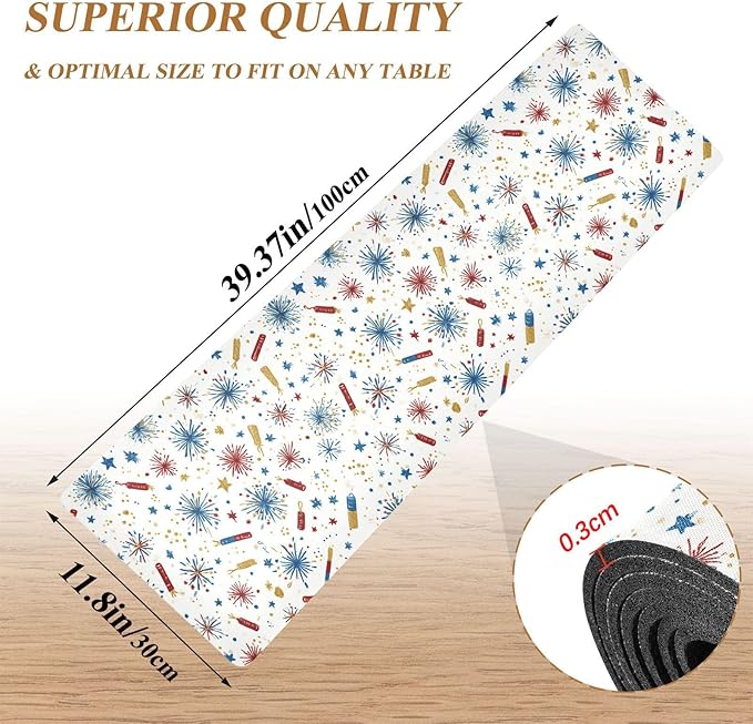 2-in-1 Table Runner Trivet for Hot Dishes Heat Resistant Hot Plate Mat Pad 39x12 Inch Waterproof Table Protector Trivets for Countertop Decorative White American Fireworks