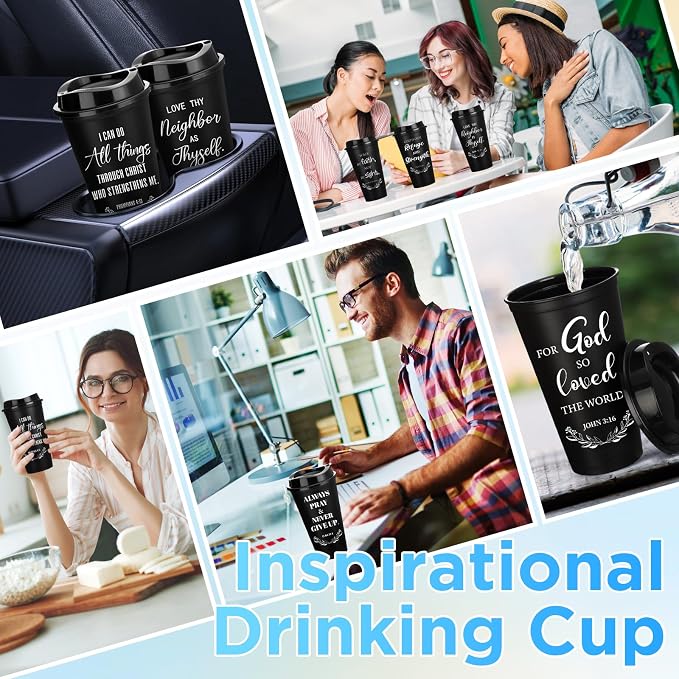 Skylety 60 Pack Bulk Christian Gifts for Men Women 16oz Reusable Bible Verse Tumbler Plastic Coffee Cup with Lid Inspirational Religious Church Gift for Teacher Graduation Party Favor (Black)