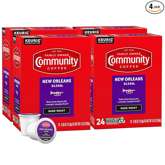 Community Coffee New Orleans Blend 96 Count Coffee Pods, Special Dark Roast, Compatible with Keurig 2.0 K-Cup Brewers, 24 Count (Pack of 4)