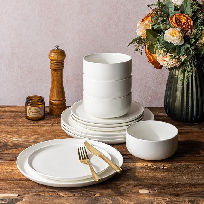 LERATIO Stoneware Dinnerware Sets for 4,Handcarft Ceramic Plates and Bowls Sets,Chip and Scratch Resistant Dishes, Dishwasher & Microwave Safe, Oven safe,Reactive Glaze-White
