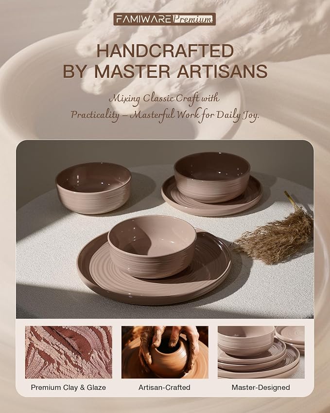 16-Piece Stoneware Dinnerware Sets for 4 with Pasta Bowls – Speckled Glaze with Spiral Design, Coupe Plates and Bowls - Chip & Scratch Resistant, Microwave & Dishwasher Safe, Brown