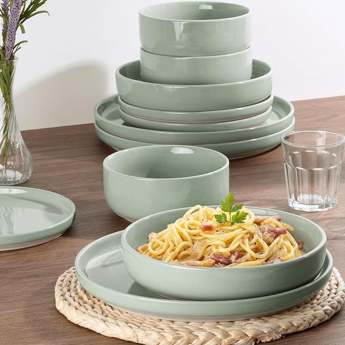 HaWare 8-Piece Plates and Bowls Set for 2, Stoneware Dinnerware Sets with Pasta Bowl, Dishes Set for Home Restaurant, Speckled Asparagus Green