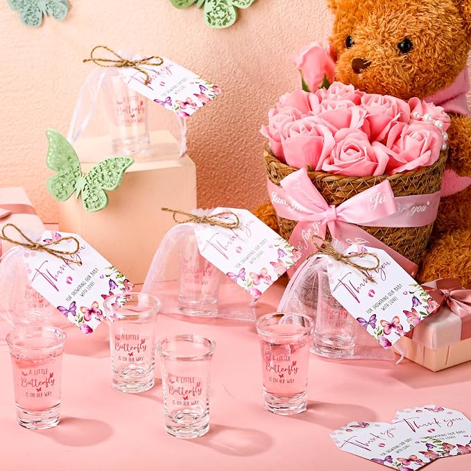Pickmesh 25 Sets Butterfly Baby Shower Shot Glasses for Guests Include Acrylic a Little Butterfly Is on The Way Shot Glasses Purple Cards Organza Bags for Spring Summer Party Decorations