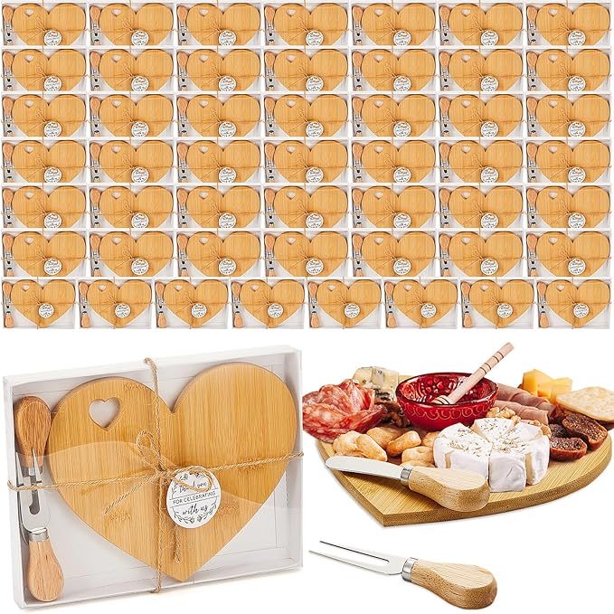 Patelai 50 Set Bridal Baby Shower Favor Heart Cheese Board with Knife, Wood Mini Charcuterie Board Thank You Gift Box for Guest Bridal Baby Shower Prize Wedding Valentines Birthday (Bamboo Color)