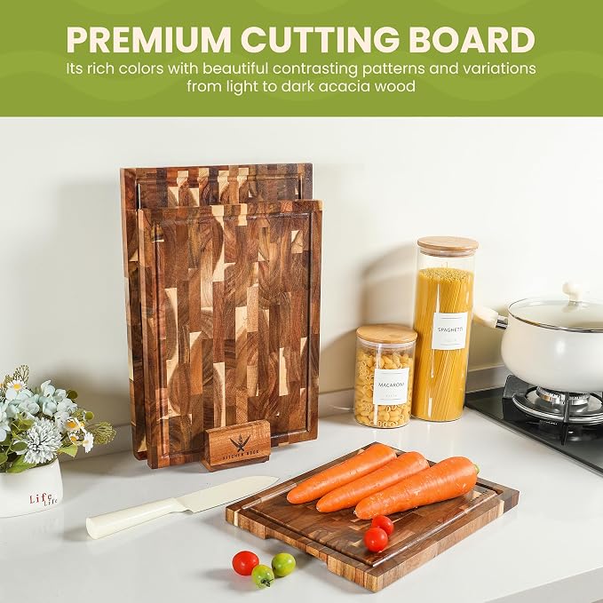 Acacia Wood Cutting Board Set - 3 Piece Acacia Cutting Board with Holder, Knife Friendly, Dual Sided, Built-in Handles, & Juice Grooves | 13, 15, & 17 Non Toxic Cutting Boards for Kitchen