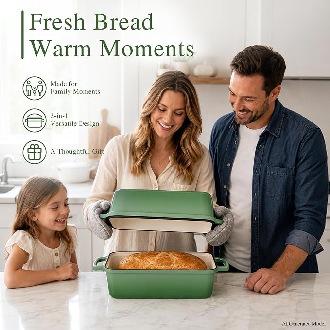 11x5 Inch Cast Iron Bread Pan with Lid, Large Loaf Pans for Sourdough Bread Baking, Even Heat Distribution Dutch Oven Loaf Pan for Homemade Bread, Meatloaf (5.8Qt, Pistachio)