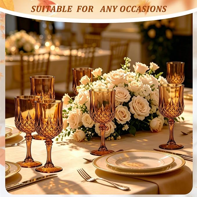 7OZ Plastic Wine Glasses, Reusable Vintage Goblets Unbreakable Drinking Glasses Crystal Water Cups Champagne for Wedding, Parties (100, Amber)