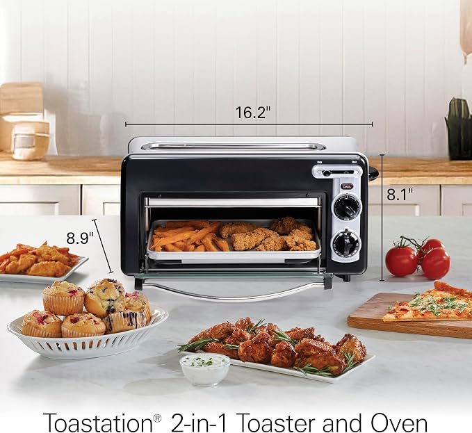 Hamilton Beach Versatile 2-in-1 Countertop Toaster Oven & Long Slot 2 Slice Toaster for Toasting & Baking, Automatic Shut Off, Shade Selector, Temperature Control, Compact Retro Design, Black (22725)
