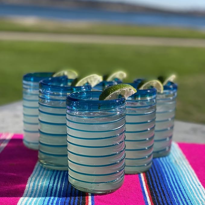 Dos Sueños Hand Blown Mexican Drinking Glasses – Set of 6 Glasses with an Aqua Spiral Design (14 oz each) …