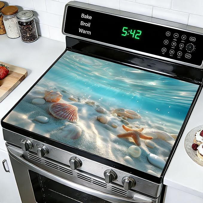 Stove Top Covers for Electric Stove: Sea Design Heat Resistant Protector Glass Stove Top Expands Counter Space, Stylish Kitchen Decor 28.5'' 20.5''