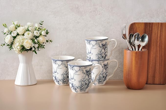 222 Fifth Adelaide Large Coffee Mugs Set of 4, 14.5 oz Porcelain Coffee Cups with Handle, Ceramic Tea Cup for Cappuccino, Latte, Cocoa, Microwave & Dishwasher Safe Decorative Gift Sets, Blue and White