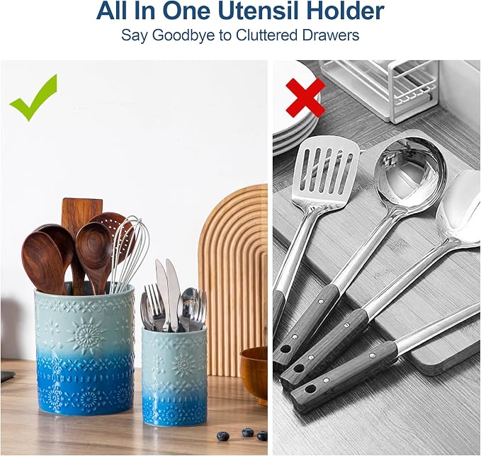 LOVECASA Utensil Holder, 7.2"+5.4" Ceramic Utensil Holder for Countertop, Large Cooking Utensil Crocks for Kitchen Counter, Farmhouse Utensil Vase for Housewarming, Kitchen Decor, Set of 2, Oceans