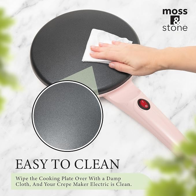 Moss & Stone Pink Electric Crepe Maker 8 Inch, Portable Crepe Maker & Hot Plate Cooktop On/Off Switch, Nonstick Coating, Automatic Temperature Control, Easy To Use For Pancakes, Blintz