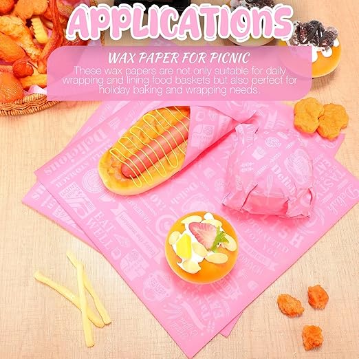 Outus 600 Pcs 12 x 12 Inch Deli Wax Paper Sheets Grease Resistant Tray Basket Liners Newsprint Paper Water and Grease Proof Sandwich Wrapping Square Hot Dog Wrappers for Food Baking (Pink)