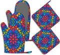 Boho Mandala Floral Potholders & Oven Mitts Sets Colourful Abstract Silicone Heat Resistant Oven Mits and Hot Pads Non-Slip Pot Holders Gloves for Kitchen Chef Cooking Baking Grilling BBQ
