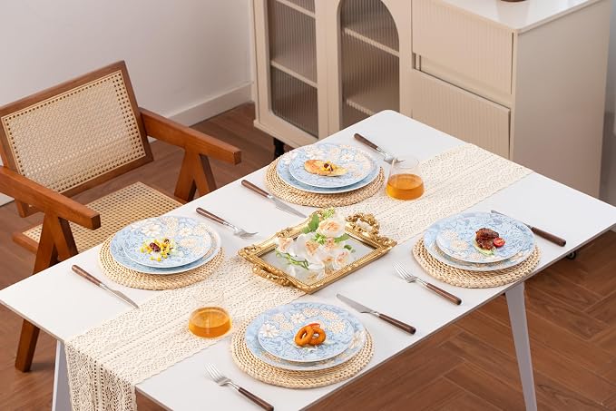 FHGNYSM High Bone China Dinnerware Set, 12-Piece Artistic Blue Plates and Bowls, Lightweight & Chip Resistant Ceramic Service for 4, Dishwasher Safe Elegant Kitchen Dining