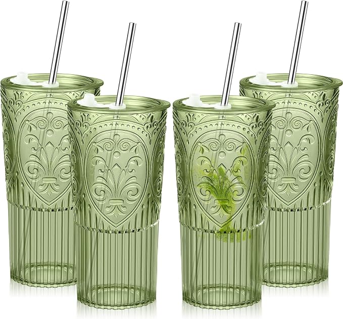 4 Set 20oz Vintage Plastic Tumbler with Lids and Straws Ribbed Floral Drinking Glasses Reusable Iced Coffee Cups for Water Juice Smoothie Cocktail Travel Party Events Gift (Green)