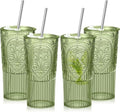 4 Set 20oz Vintage Plastic Tumbler with Lids and Straws Ribbed Floral Drinking Glasses Reusable Iced Coffee Cups for Water Juice Smoothie Cocktail Travel Party Events Gift (Green)