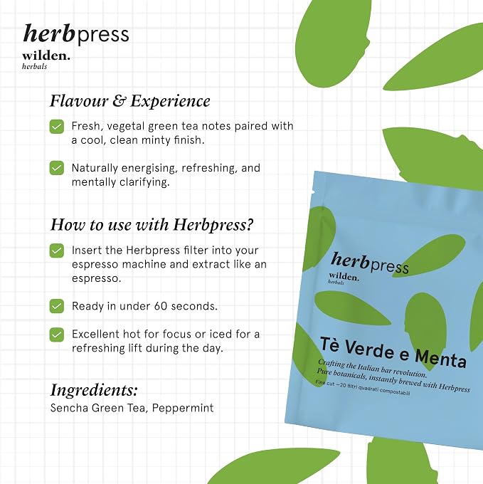 Botanical Infusion Starter Kit – HerbPress Stainless Steel Filter 5 for Espresso Machines + Wilden.herbals Relaxing Herbal Teas (Mint and Green Tea & Darjeeling Black tea, 40 Count)