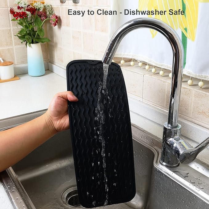 ZLR Silicone Sponge Holder & Sink Caddy Tray (6" x 17") - Narrow Dish Drying Mat for Kitchen Counter - Waterproof Soap Dispenser Organizer, Non-Slip Bathroom Vanity Tray (Black)
