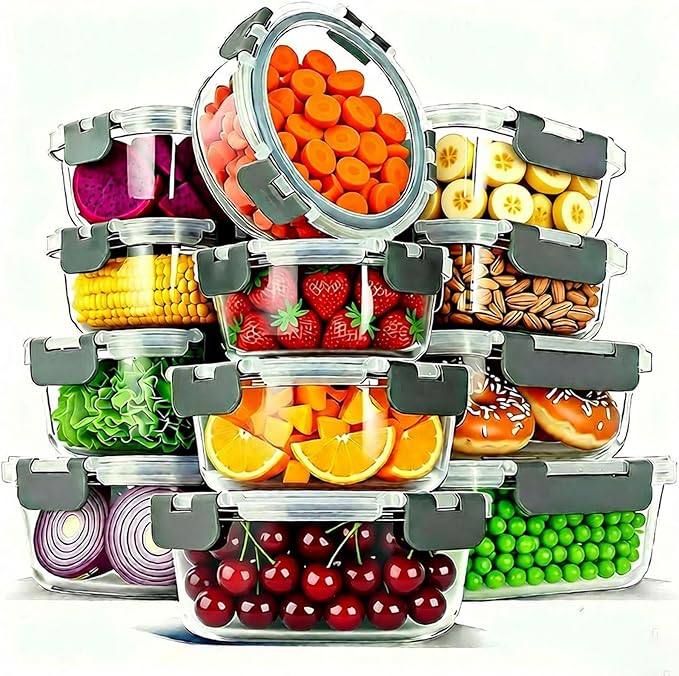 12 Pack Glass Food Storage Container Set with Lids Non Toxic, Stackable Borosilicate Glass Meal Prep Containers, Microwave, Oven, Freezer and Dishwasher Safe (Gray)
