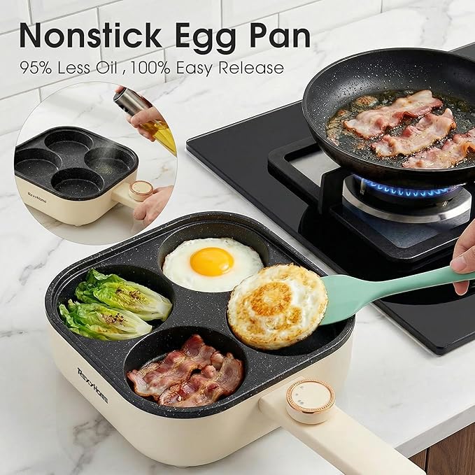 Electric Egg Pan Nonstick: No Stove Needed 900W Granite 4-Cup Omelette Pan with 2 Power Adjustable, Breakfast Non Stick Frying Pans Skillet for Eggs, Pancakes, Crepes, Plett and More