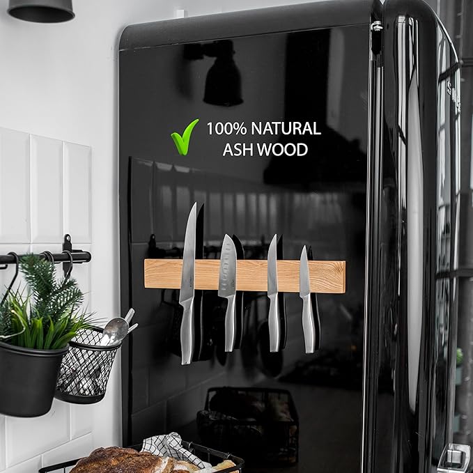 Premium Wood Magnetic Knife Holder for Refrigerator – 15 Inch Professional Double Sided Magnetic Knife Strip for Fridge - Ash Wooden Magnetic Knife Holder for Wall