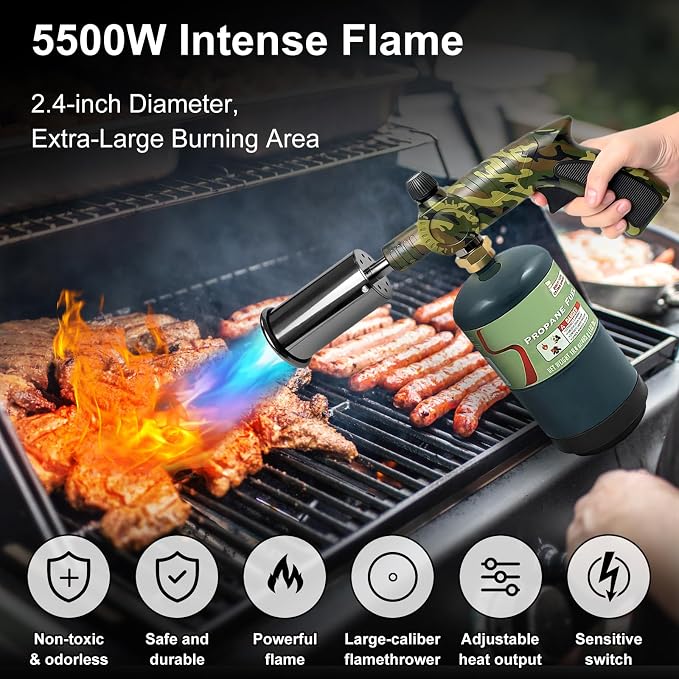 Propane Torch Kit - 5500W High-Powered Kitchen Blow Torch, Adjustable Flame Weed Burner Multipurpose Lighter for Cooking BBQ Camping Gardening Pet Care DIY Projects (Tank NOT Included) - Camouflage
