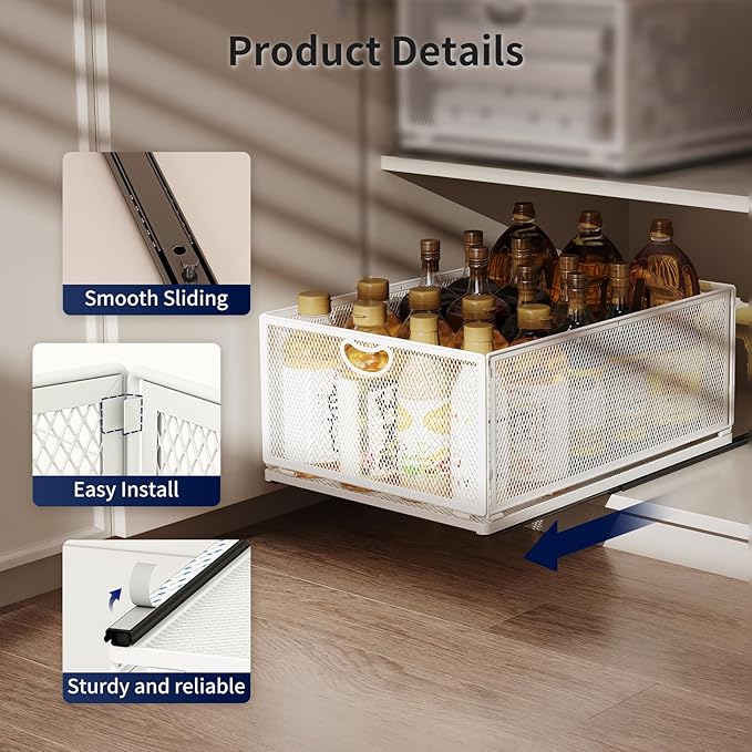 2 Pack Pull Out Cabinet Organizer, No Drill Adhesive Sliding Drawers for Kitchen, Metal Mesh Wire Storage Shelf for Pantry & Under Sink, White (9.6" W x 15.7" D x 3.9" H)